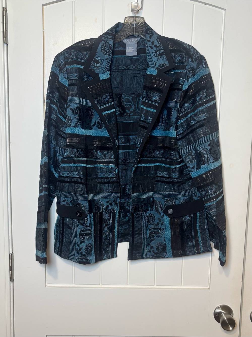 Koret Blue Black Striped Paisley Jacquard Blazer Metallic Accents LARGE